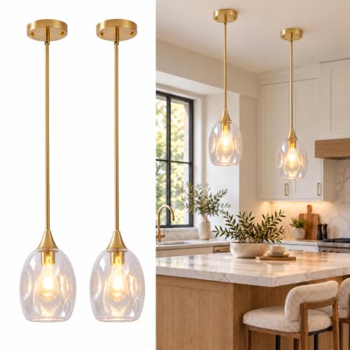 Modern Pendant Lights for Kitchen Island 2 Pack, Ceiling Hanging Pendant Light with Clear Thick Glass Shade & Aluminum Iron Frame, Adjustable Cord, Lighting Fixture for Dining Room, Bedroom, Entryway - image 1