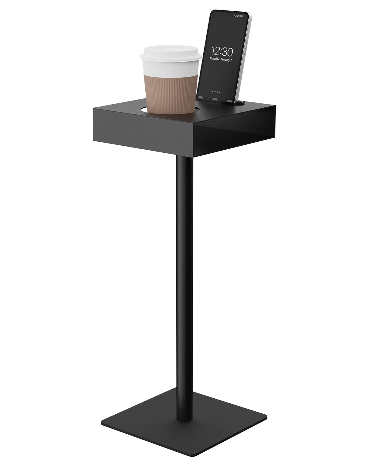 Yawinhe Metal Square Side Table, Small Pedestal End Table,Drinks Table with Circular Cup Holder Slots and Mobile Phone Slots,Suitable for Living Rooms, Bedrooms,20x20x55cm,Black,1 Pack, SZJ201B-1