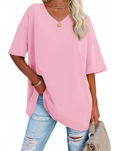 Image of ATHMILE Womens Oversized Shirts V Neck Plus Size Spring Workout Summer Tops Beach Vacation 2026 Gym Clothes Basic Tee