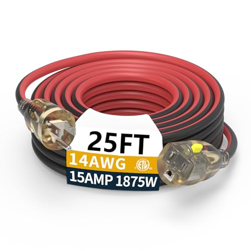 25FT 14/3 Gauge Medium Duty Outdoor Extension Cord Waterproof with Locking LED Lighted Plugs, SJEOW...