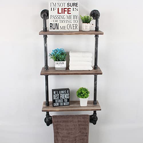 MBQQ Industrial Pipe Shelf Bathroom Shelves Wall Mounted,19.6in Rustic Wood Shelf with Towel Bar,3 Tier Farmhouse Towel Rack Over Toilet,Pipe Shelving Floating Shelves Towel Holder,Retro Grey - Thumbnail 6