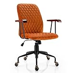 COSTWAY Velvet Office Chair, Ergonomic Swivel Computer Desk Chair with Rubber Wood Armrests, Adjustable Rolling Rocking Executive Task Chairs Tufted Leisure Seat for Home Office Bedroom (Orange)