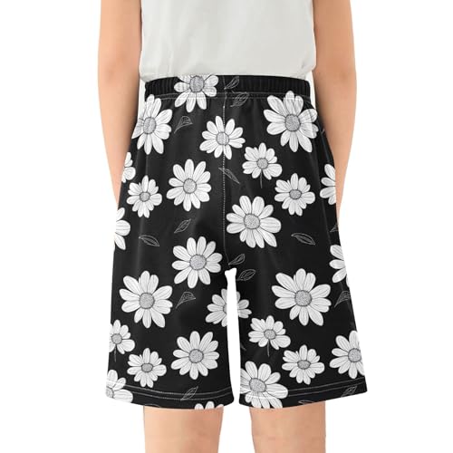 White Leaf Flower Sleep Shorts Summer Pajama Shorts Elastic Waist Sleep Bottoms with Pockets 6-14 Years2