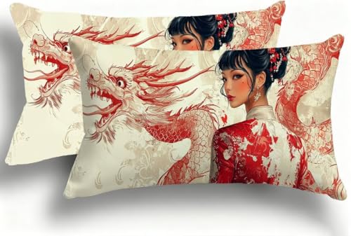 Cohnpjng Juego de 2 Fundas de Almohada Bicolor de Terciopelo, Fundas Rectangulares Decoración 40x80 cm, Cremallera Invisible, Diseño de Doble Cara Transpirables Suaves, Etnia Mujeres 6 F0A-226