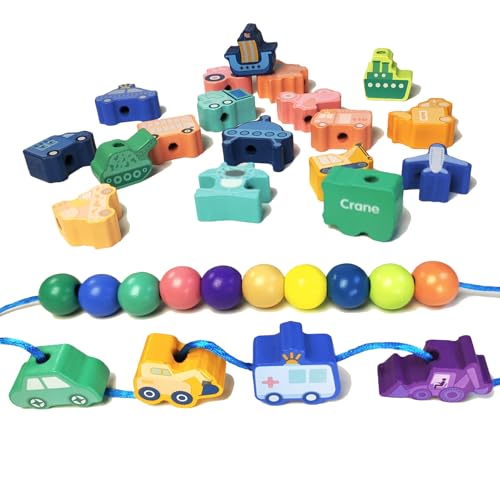 Image of 34 PCS Lacing Beads for Toddlers,Made of Natural Wood,Threading Toy That Can Improve Kid's Concentration, as The Preschool Fine Motor Skills Toys for 3 4 5 Year Old (Transport-34Pack)