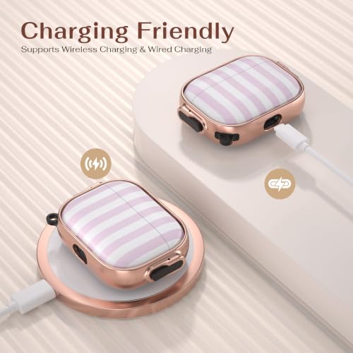 Image of for AirPods Pro 3rd Case with Safety Lock, Magsafe Compatible, Pink Stripes | Double Secure Lock,Drop Protection,Two-Piece Design,with Gold Keychain, Anti Lost, Dustproof, Cute AirPod Pro 3 Case
