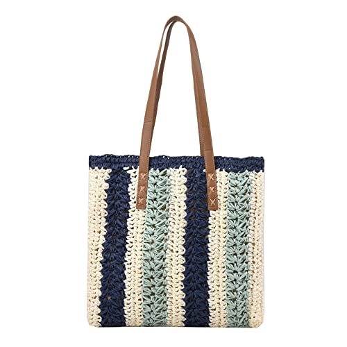 Bolso Tote grande de paja rayado para mujer miniatura 1