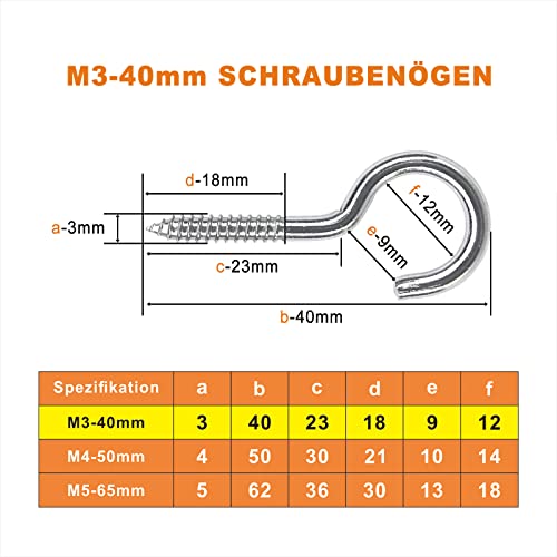 MOGADEE® Schraubhaken Edelstahl 10 Stück, Deckenhaken, Hakenschraube, Haken zum Schrauben, Einschraubhaken Robuste Becherhaken（M3-40mm）