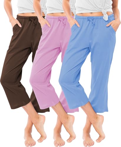 Image of Sexy Basics Women's 100% Cotton Lounge Pants | Capri Style Pajama Sleep Bottoms | Drawstring & Pockets |Multi-Packs & Colors