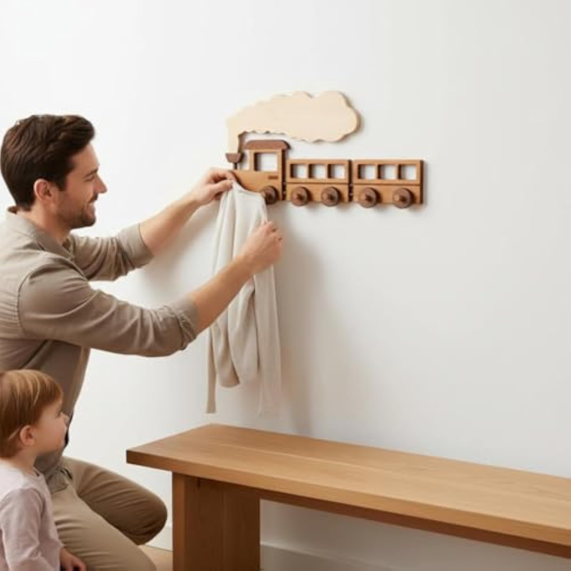 Solid Wood Wooden Train Hook Rack, No-Drill Installation