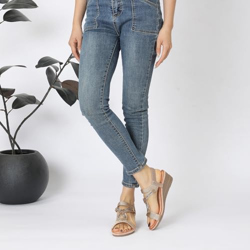 Image of Wedge Sandals for Women Dressy, Woman's Sandal Comfortable Low Wedges Heels Ankle Elastic Strap Sandles with Flower Rhinestones