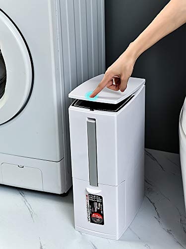 Cq Acrylic Slim Plastic Trash Can 2.1 Gallon,Trash Can With Toilet Brush Holder,8 Liter Garbage Can With Press Top Lid,White Rectangular Modern Waste Can For Bathroom,Gray #TOP7