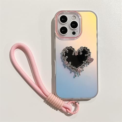 Coque de luxe iPhone 15 Pro Max rose avec dragonne cœur et miroir