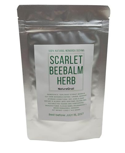 Image of Scarlet Beebalm Herbal Tea, Mountain Balm Herb with Flowers - Made from 100% Monarda Didyma, Cut & Dried - Net weight: 0.5oz /14.2g