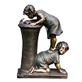 Alpine Corporation GXT472 27" Outdoor Floor Joyful Boy and Girl Drinking Water Fountain, Playful Garden Waterfall with LED Lights – Decorative Water Feature for Patios, Yards, and Gardens, Bronze