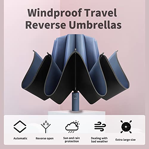 Travel Umbrella,Compact Folding Windproof Umbrella for Rain, Light Automatic Portable Car Parasol Umbrella,Navy Blue Sun Umbrella