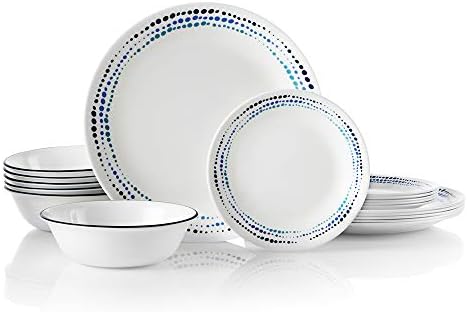 Corelle Vitrelle 18-Piece Service for 6 Dinnerware Set, Triple Layer Glass and Chip Resistant, Lightweight Round Plates and Bowls Set, Ocean Blue