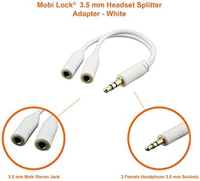 3.5mm Headphone Y Splitter | 1 Male to 2 Female Audio Jacks | Allows 2 People to Listen to 1 Sound Source | Ideal for all Media Players and Other Audio Devices with a 3.5 mm Port (White) by Mobi Lock