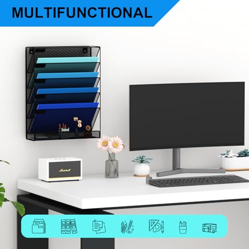 GDINDINFAN Wall File Organizer Holder Mesh Hanging Paper Document Holder,Vertical 6 Pocket Tier for Office Home, Black - Image 7