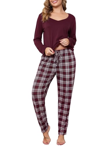 Vlazom Pijama de Invierno para Mujer Pijama de Algodón de Manga Larga con Top y Pantalón a Cuadros 2 Piezas(M,Rojo Vino)