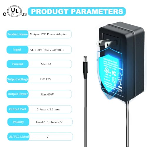 Meiyue 12V 5A Power Supply Adapter, UL Listed 12 Volt 5 Amp 60W DC Power Adapter Supply 100V-240V AC/DC Adapter Transformer with 5.5 * 2.1mm DC Connector for LED Strip Light Camera Speaker CCTV2