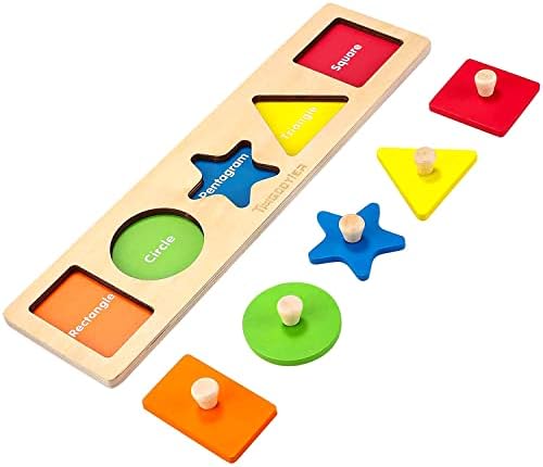 First Shapes Jumbo Knob Wooden Peg Puzzles for Baby Toddler Puzzles Ages 1-3, Montessori Educational Learning Puzzle Geometric Shape Sorting Toy, Great Preschool Gift for Toddler Shape & Color Sorter