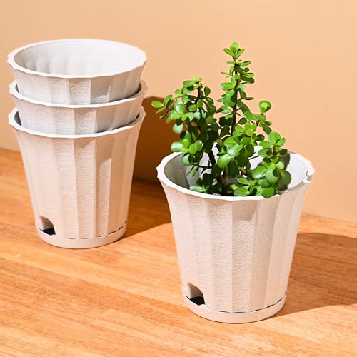 Image of Eha Earth Friendly Ace 7 inch Small Self Watering Pots for Indoor Plants | Set of 4 | Plant Pot Made with Bamboo Fibers | Table Top Planters for Home Decor, Flower Pot for Living Room | Sand Castle