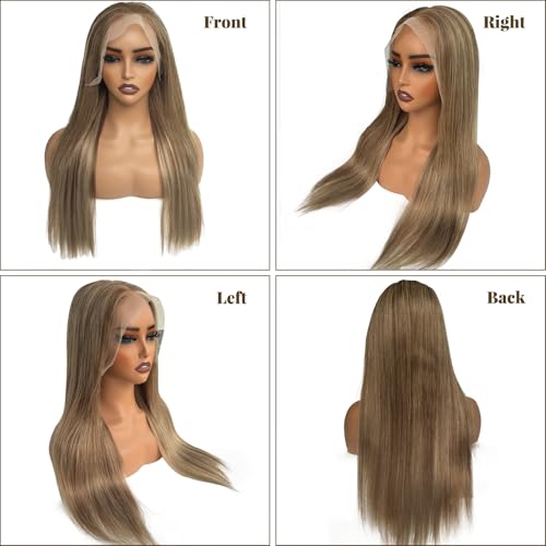 Image of Straight Highlight Lace Front Wig Human Hair 180% Density 13X6 HD Balayage Glueless Wigs Human Hair Ombre Light Brown Mixed Chestnut Brown with Ash Blonde Lace Front Wig Pre Plucked Hairline 32 Inch