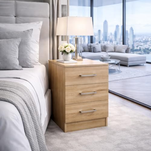 Image of Harmin 3-Drawer Bedside Cabinet, Sonoma Oak Finish, Premium Metal Handles, Modern Bedroom Storage Unit