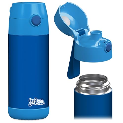 Jarlson® Trinkflasche Kinder Edelstahl MALI [THERMOSFLASCHE] - Kindertrinkflasche Auslaufsicher - Thermoskanne Kohlensäure geeignet - Thermo Trink Flasche für Schule & Kindergarten (350ml, Blau)