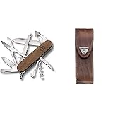 Victorinox Huntsman Wood Taschenmesser, aus Holz, 13 Funktionen, Grosse Klinge, Säge, Schere, nussbaumholz & Zubehör Etui Leder braun Mantel, one size