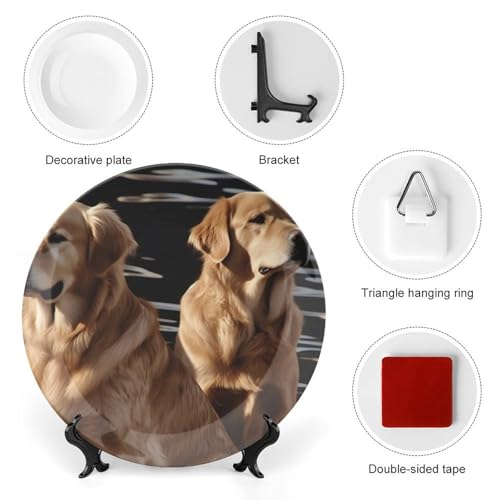 QWJKM Dekorative Teller aus Knochenporzellan, Golden Retriever, Salatteller, Porzellan, Dessertteller, Serviergeschirr, Kunstdekoration, Ornament für Wohnzimmer, Tisch, Küche, 18 cm