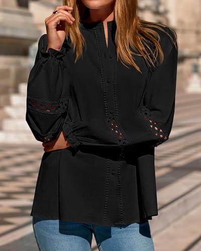 KIRUNDO Going Out Tops for Women 2026 Spring Fashion Boho Cotton Eyelet Long Sleeve Button Up Shirt Lace Dressy Casual Blouse(Black, X-Large) — view 6
