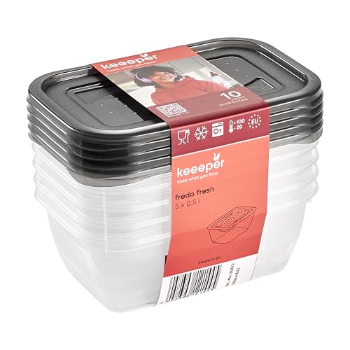keeeper fredo fresh Frischhaltedosenset 5-teilig, 5 x 0,5 l, Crystal Grey (Transparent)