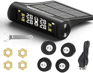 AWOKZA TPMS Tire Pressure Monitoring Systems 6 Alarm Modes, Wireless Solar Power and USB Charging with 4 External Sensors, Real Time Pressure and Temperature Alarm, Auto Security Monitor for Truck