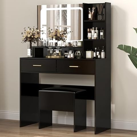LYNSLIM Vanity Desk, Makeup Vanity with Mirror & LED Lights，Makeup Vanity Table with 2 Drawers & 4 Storage，Small Vanity Set Storage Stool for Dressing Bedroom，3 Lighting Modes Brightness Adjustable Cover
