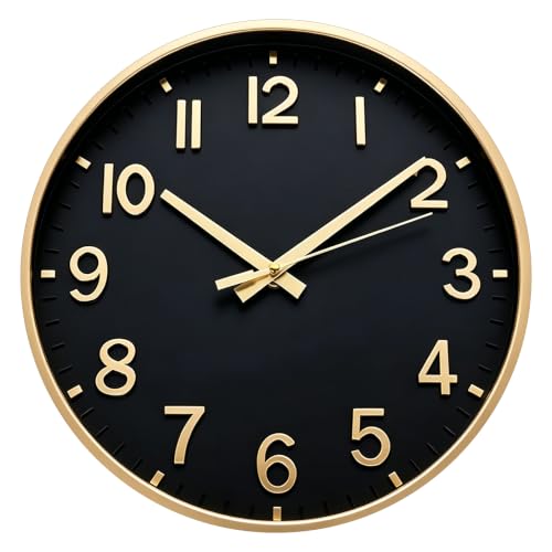 Image of HZDHCLH Wall Clocks Battery Operated,Wall Clock Black Gold,14 inch Wall Clock Silent Non Ticking Modern 3D Numbers for Kitchen Bedroom Living Room Office Classroom Decor