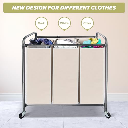 STORAGEIDEAS Laundry Sorter Hamper with Wheels, Heavy-Duty Laundry Sorter Rolling Cart, Lockable Wheels and Removable Bags, 3 Sections, Beige by STORAGEIDEAS - Image 3