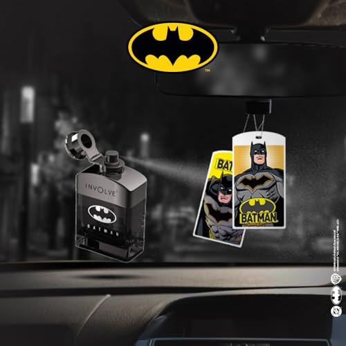 Image of Involve Your Senses Batman Car Perfume Spray with 3 Hanging Cards | DC OFFICIAL MERCHANDISE from Warner Bros | Strong Aquatic Notes - WBSPRO1-50ml | Car Freshener | batman car accessories