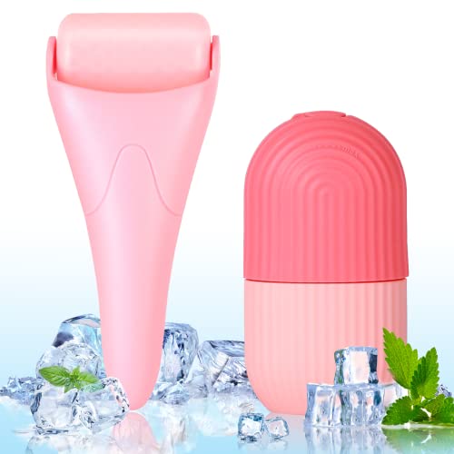 Ice Roller for Face and Eyes Set, Facial Massager for Beauty, Reusable Silicone Cube Ice Roller for Puffiness Relief Migraine Skin Tighten, Ice Holder for Face, Ideal Gifts for Women(Pink)