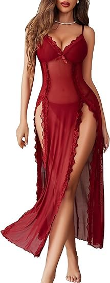 xivir Women Lingerie Lace Babydoll Chemise Sexy Mesh Nightdress V Neck Nightwear Side Split Nightgown-picture-35