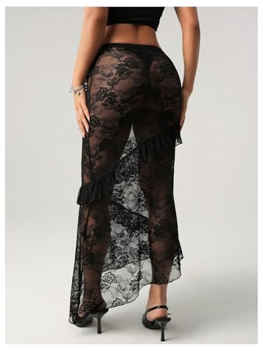 Verdusa Women's Gothic Floral Lace Sheer Maxi Skirt Drop Waist Asymmetrical Ruffle Bodycon Skirts2