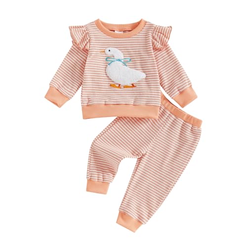 Toddler Baby Girl Clothes Goose Embroidery Sweatshirt Ruffle Long Sleeve Shirt Striped Pants 2 Piece Fall Outfit