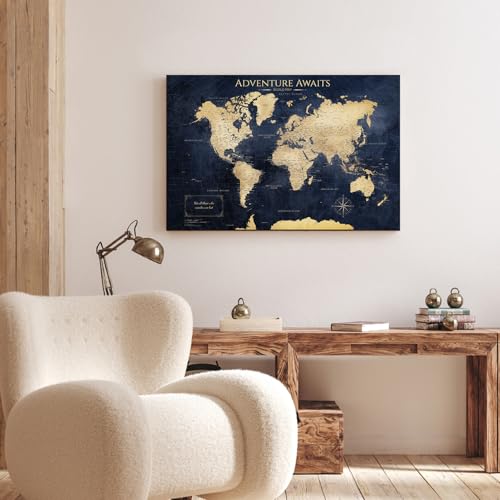 Image of IPIC - Vintage Teal World Map Pin Board Canvas Wall Art, Travel Map with Pins Included, Ready to Hang for Home or Office 24x16 Inch
