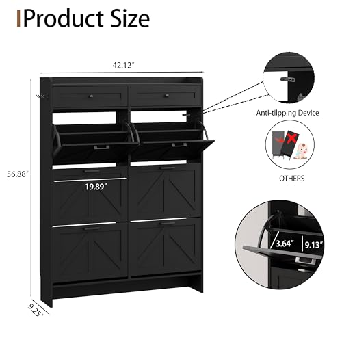 Image of Shoe Cabinet with 6 Flip Drawers & 2 Top Drawers, 57 inch Tall Freestanding Narrow Wooden Shoe Storage Organizer for Entryway, Hidden Slim Shoe Rack for Front Door Entrance, Hallway, Living Room, Black