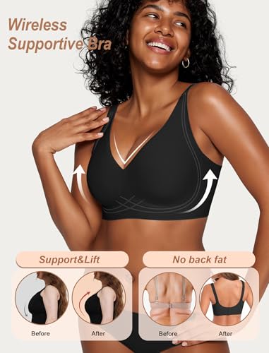 OEAK Womens Comfortable Deep V Bras Wireless Push Up Seamless Full Coverage Bralettes Supportive Bra Raceback Tshirt Bras Black,2XL2