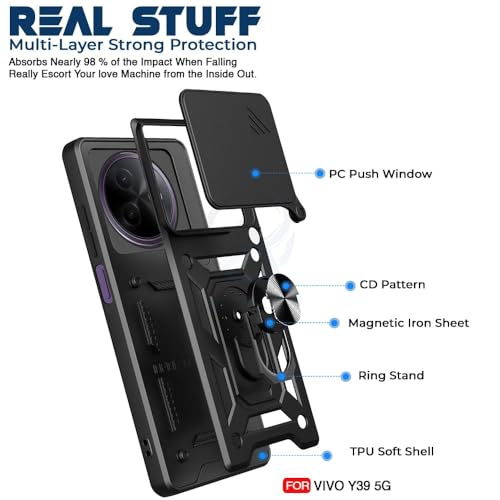 Image of Luxe Back Cover for Vivo Y39 5G | D10 Tough Armor Case | Sliding Camera Shield | 360 Protection | Kickstand Ring Holder | Military-Grade Shockproof Bumper Case