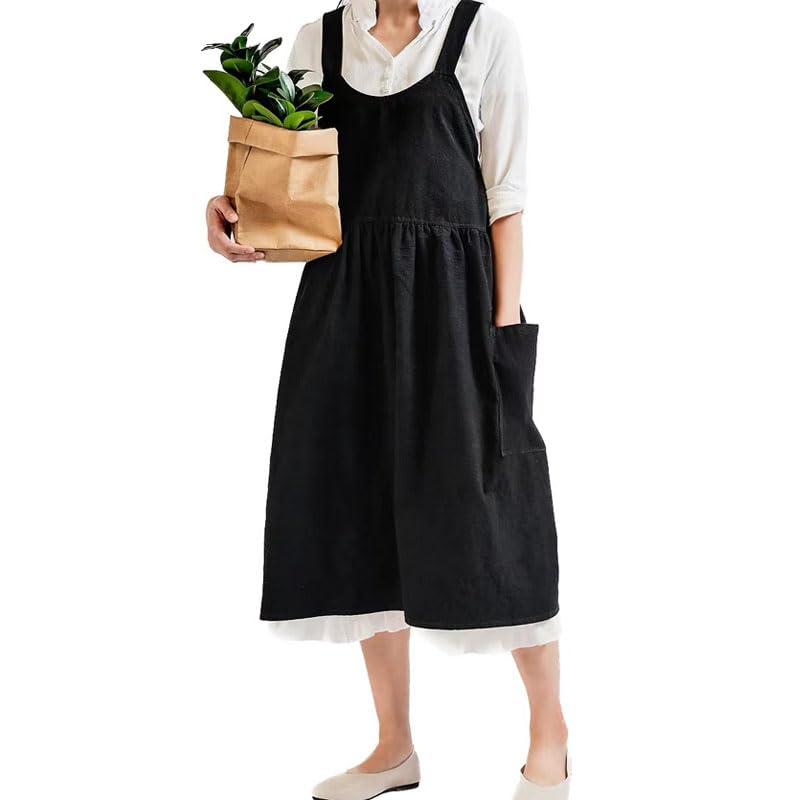 Cotton and linen Kitchen Cooking Aprons Dress for Women with Pockets Cute for Baking Painting Gardening Cleaning