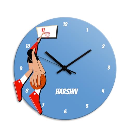 Image of Zooboo Personalized Analog Wall Clock, Custom Name Acrylic Silent Quartz Movement Wall Clock with Sleek Modern Design, Ideal for Birthdays (Design - Basketball Fever Boy), 30x30 cm, Multicolor