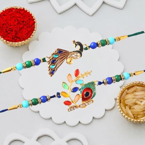 Image of Great Art Raksha Bandhan Rakhi Set with Roli Chawal or Fridge Magnet Card for Brother | Designer Beaded Rakhi Combo Pack-FM116